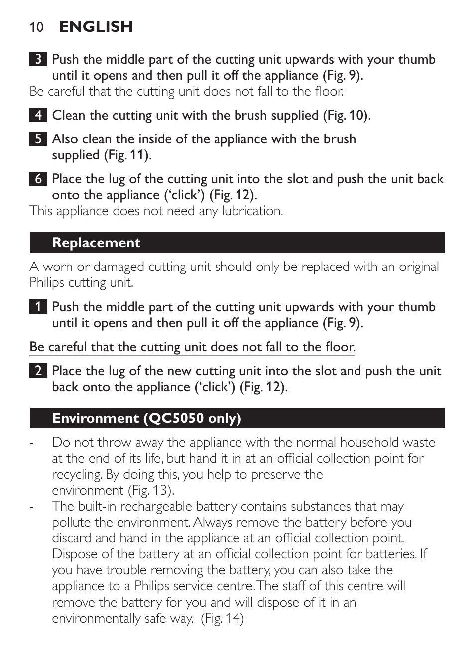 Replacement, Environment (qc5050 only) | Philips HAIRCLIPPER Series 1000 Tondeuse cheveux User Manual | Page 10 / 92