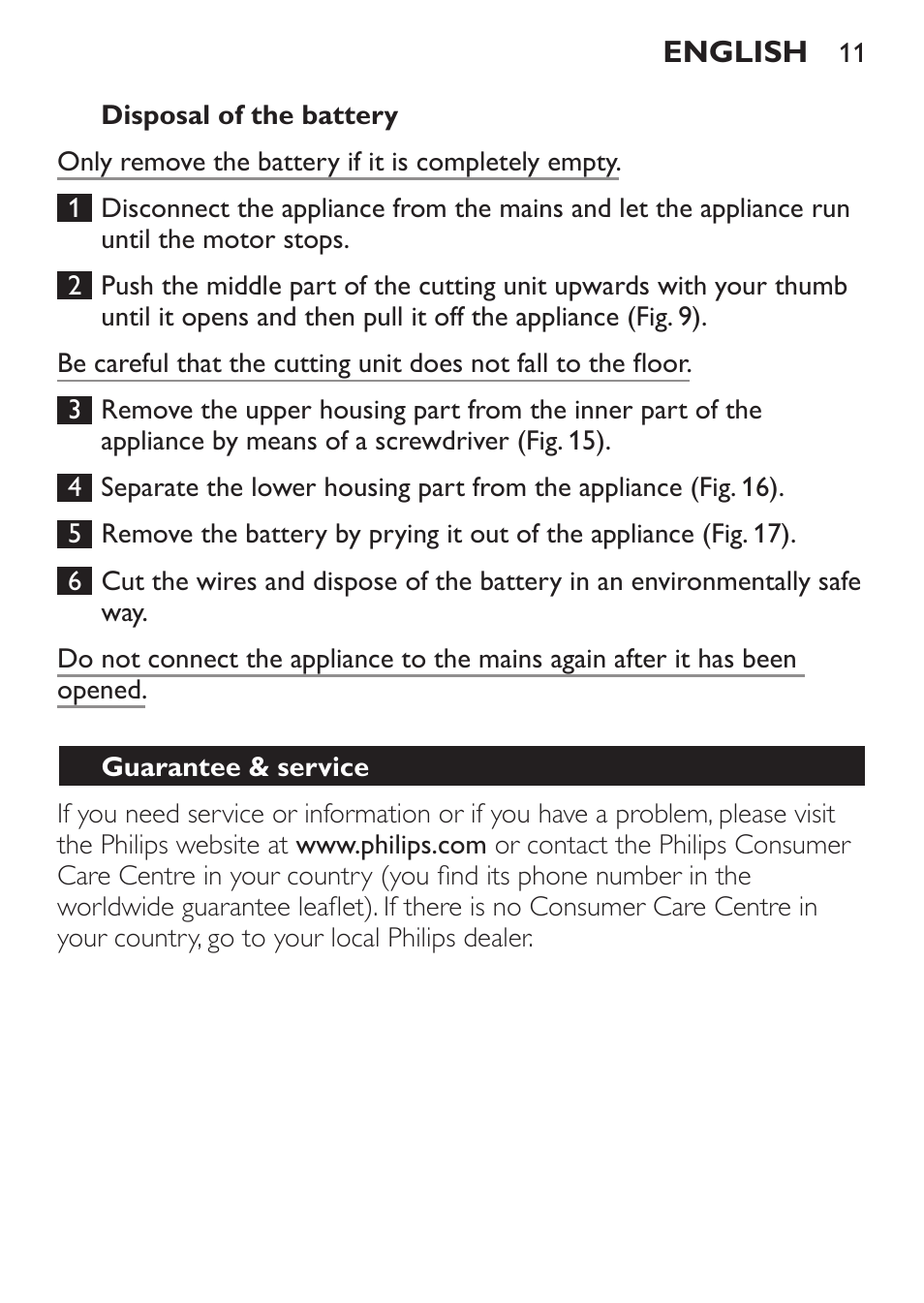 Disposal of the battery, Guarantee & service | Philips HAIRCLIPPER Series 1000 Tondeuse cheveux User Manual | Page 11 / 92