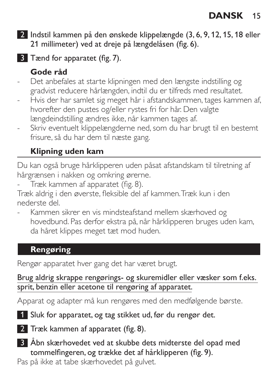 Gode råd, Klipning uden kam, Rengøring | Philips HAIRCLIPPER Series 1000 Tondeuse cheveux User Manual | Page 15 / 92