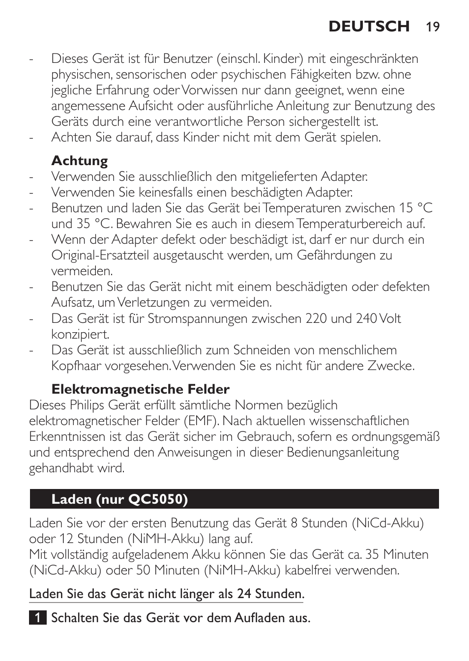 Achtung, Elektromagnetische felder, Laden (nur qc5050) | Philips HAIRCLIPPER Series 1000 Tondeuse cheveux User Manual | Page 19 / 92