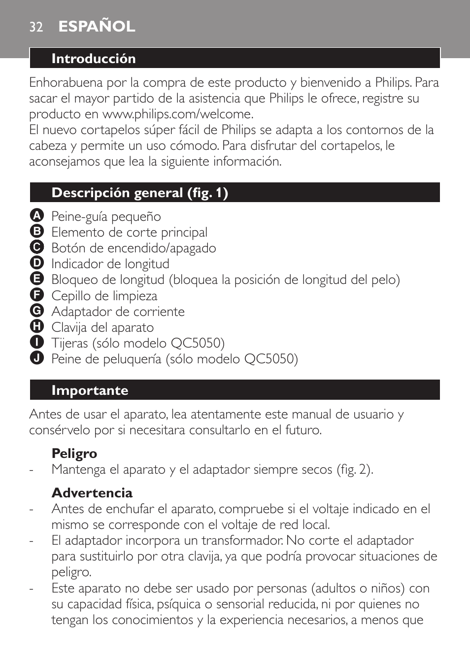 Peligro, Advertencia, Español | Introducción, Descripción general (fig. 1), Importante | Philips HAIRCLIPPER Series 1000 Tondeuse cheveux User Manual | Page 32 / 92