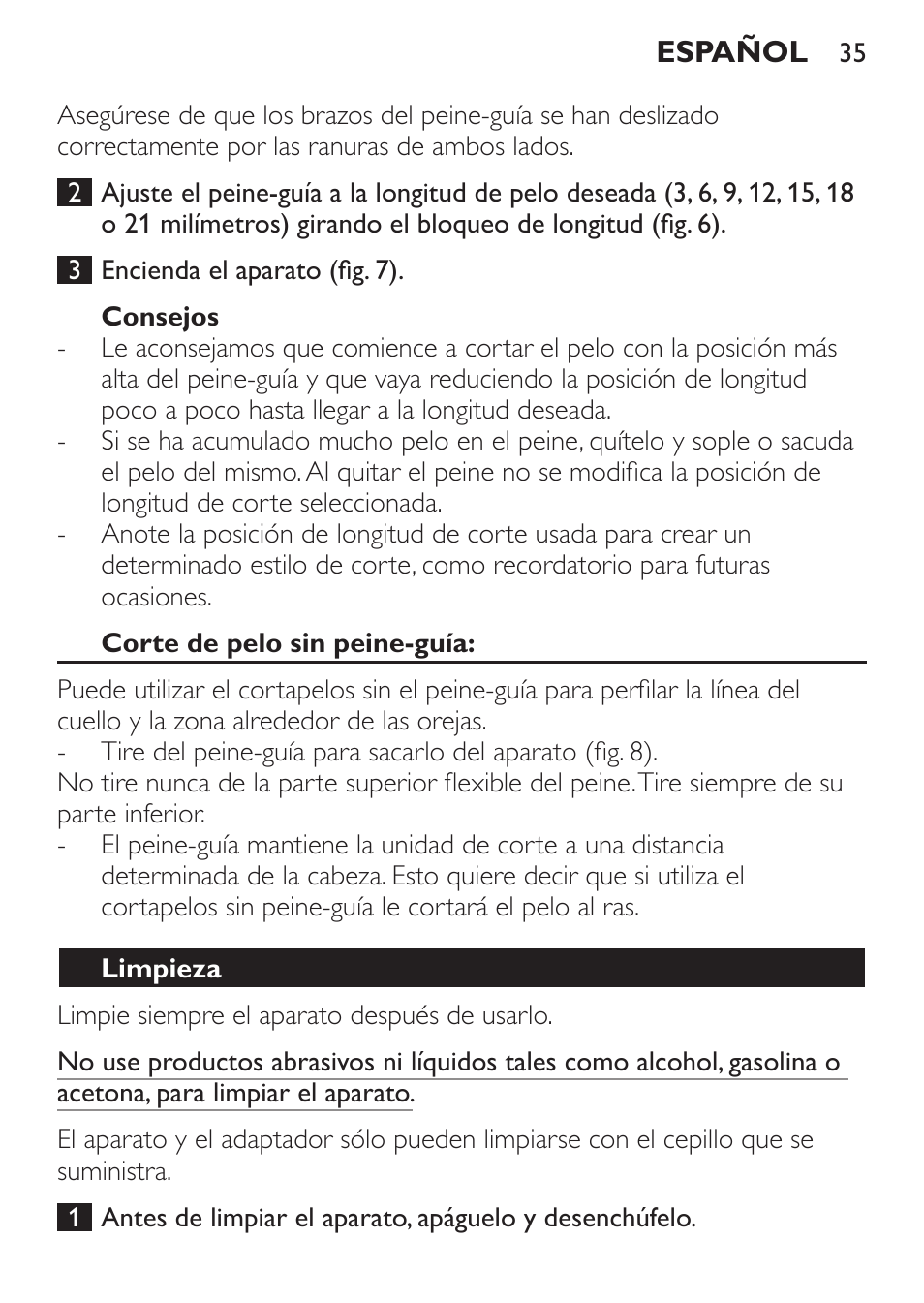 Consejos, Corte de pelo sin peine-guía, Limpieza | Philips HAIRCLIPPER Series 1000 Tondeuse cheveux User Manual | Page 35 / 92