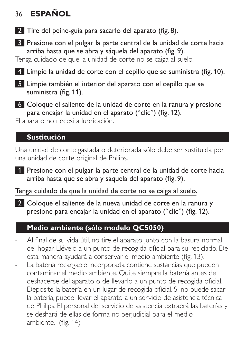 Sustitución, Medio ambiente (sólo modelo qc5050) | Philips HAIRCLIPPER Series 1000 Tondeuse cheveux User Manual | Page 36 / 92