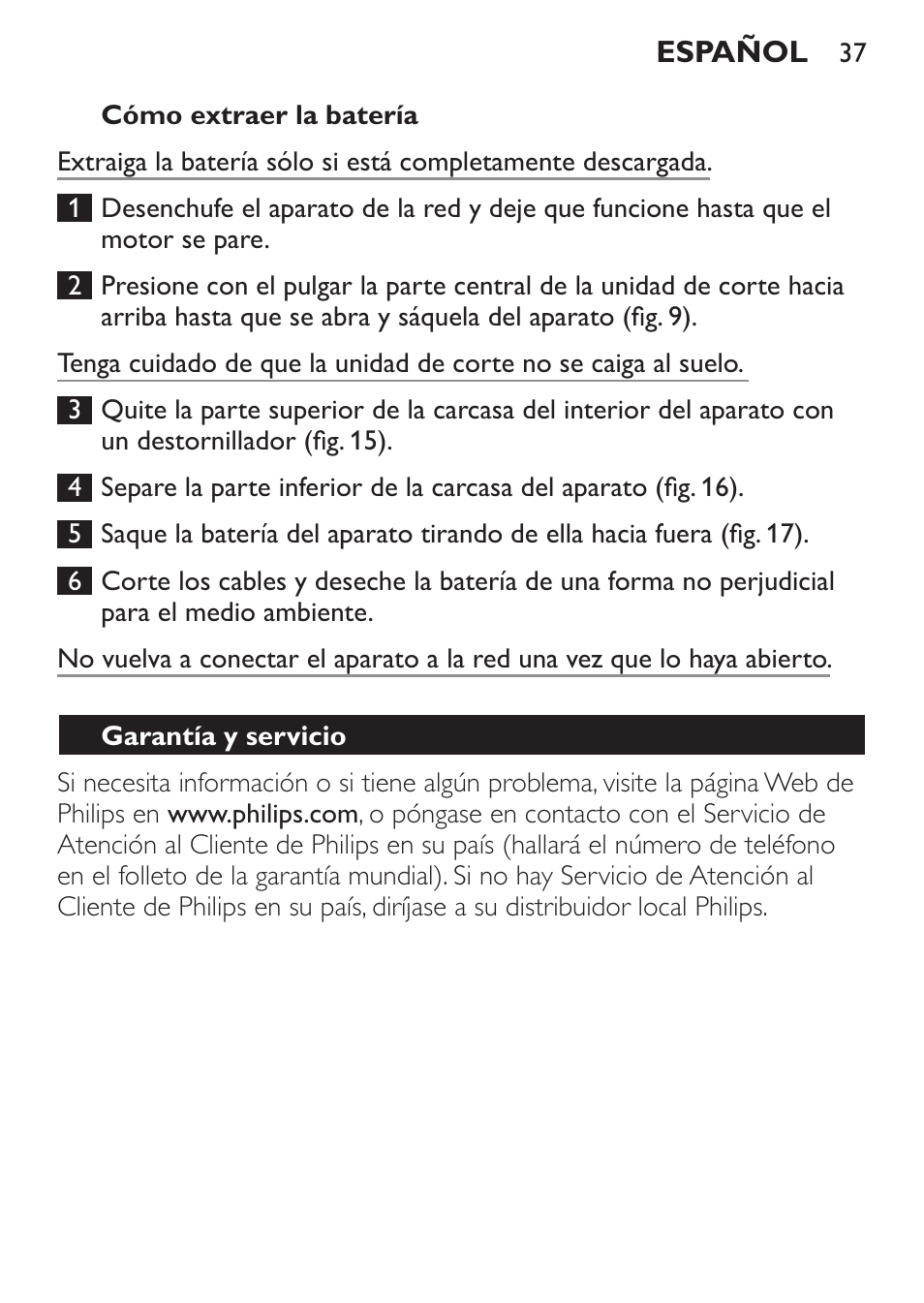 Cómo extraer la batería, Garantía y servicio | Philips HAIRCLIPPER Series 1000 Tondeuse cheveux User Manual | Page 37 / 92