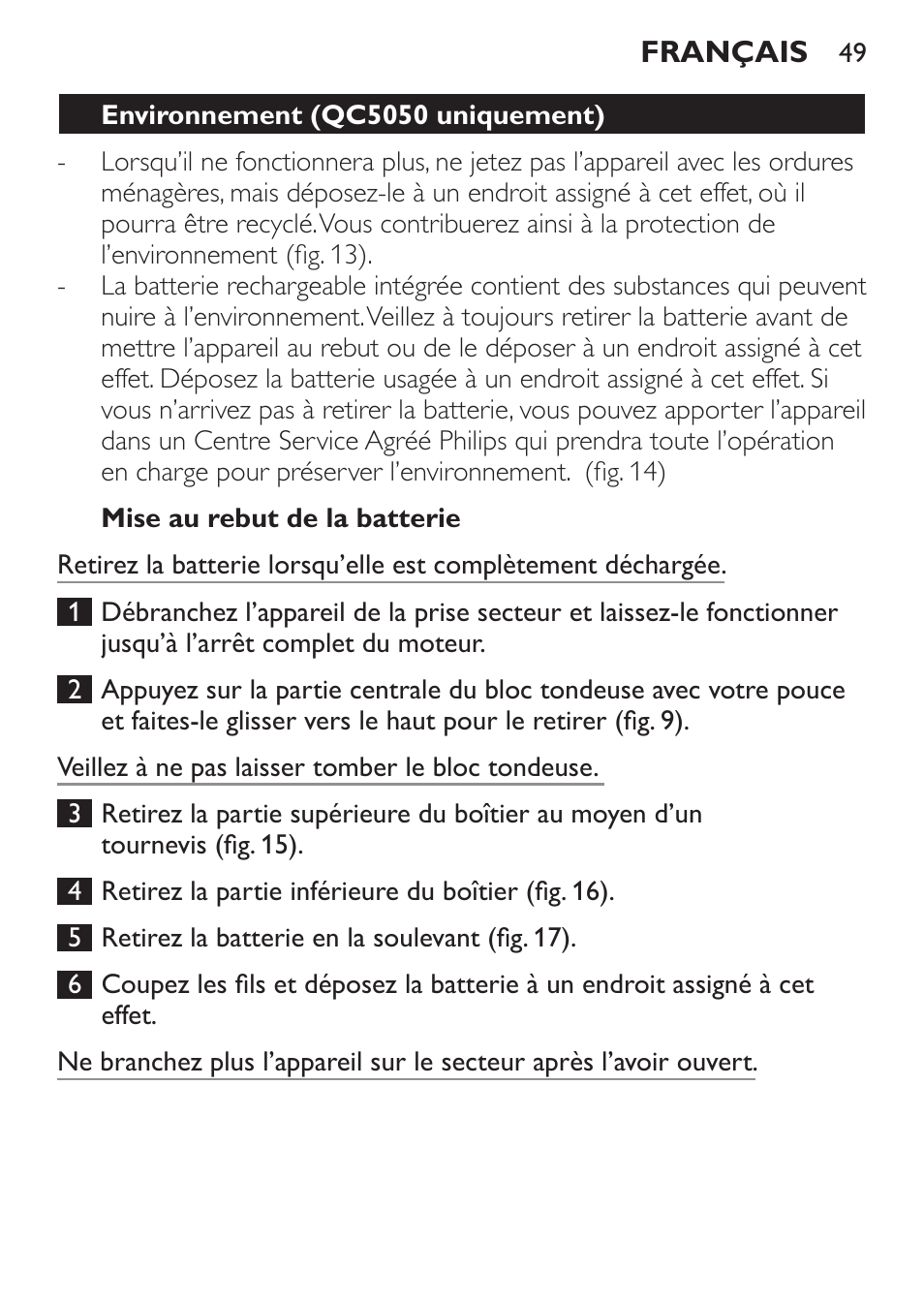 Mise au rebut de la batterie, Environnement (qc5050 uniquement), Garantie et service | Philips HAIRCLIPPER Series 1000 Tondeuse cheveux User Manual | Page 49 / 92