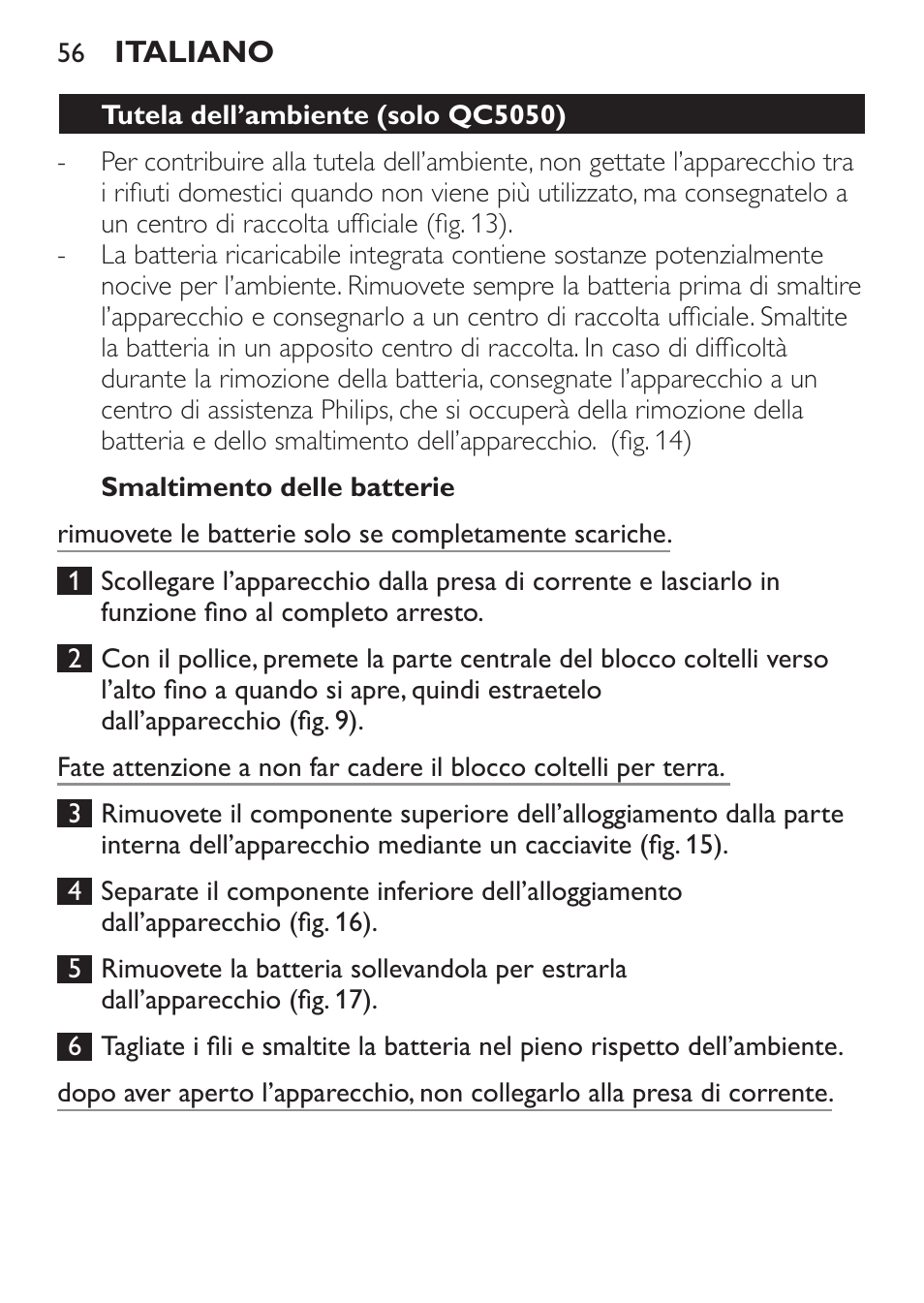 Smaltimento delle batterie, Tutela dell’ambiente (solo qc5050) | Philips HAIRCLIPPER Series 1000 Tondeuse cheveux User Manual | Page 56 / 92