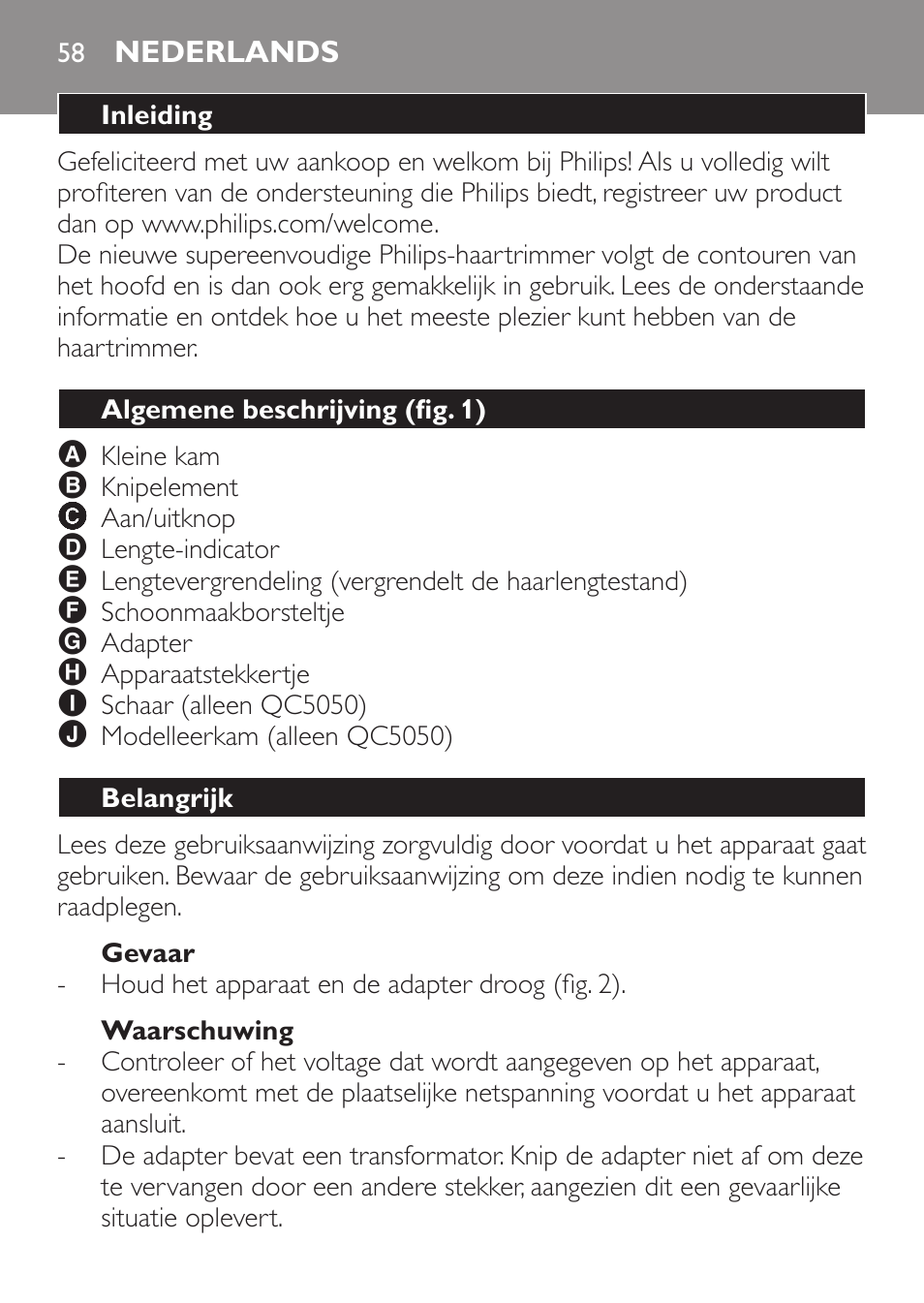 Gevaar, Waarschuwing, Nederlands | Inleiding, Algemene beschrijving (fig. 1), Belangrijk | Philips HAIRCLIPPER Series 1000 Tondeuse cheveux User Manual | Page 58 / 92