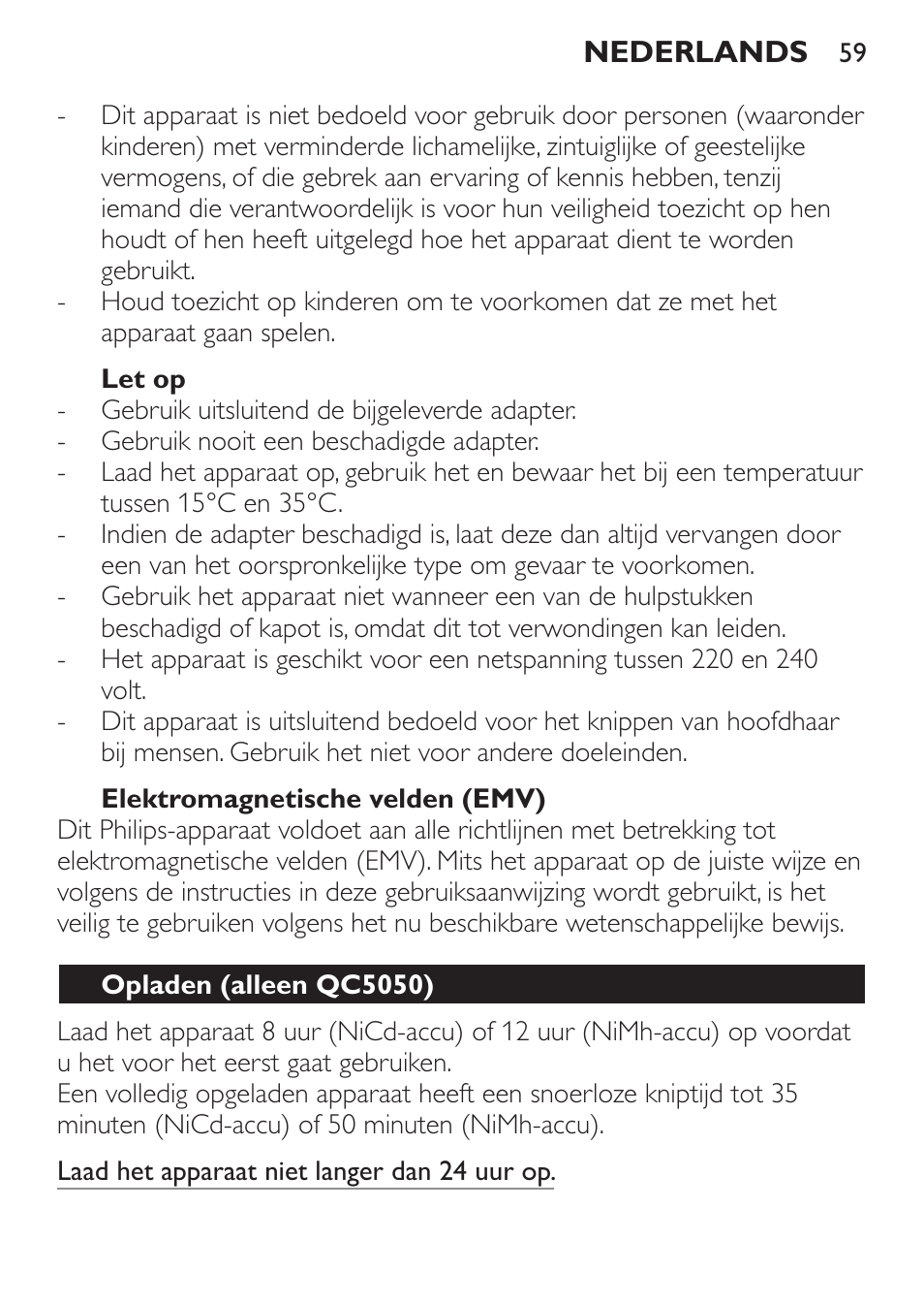 Let op, Elektromagnetische velden (emv), Opladen (alleen qc5050) | Philips HAIRCLIPPER Series 1000 Tondeuse cheveux User Manual | Page 59 / 92