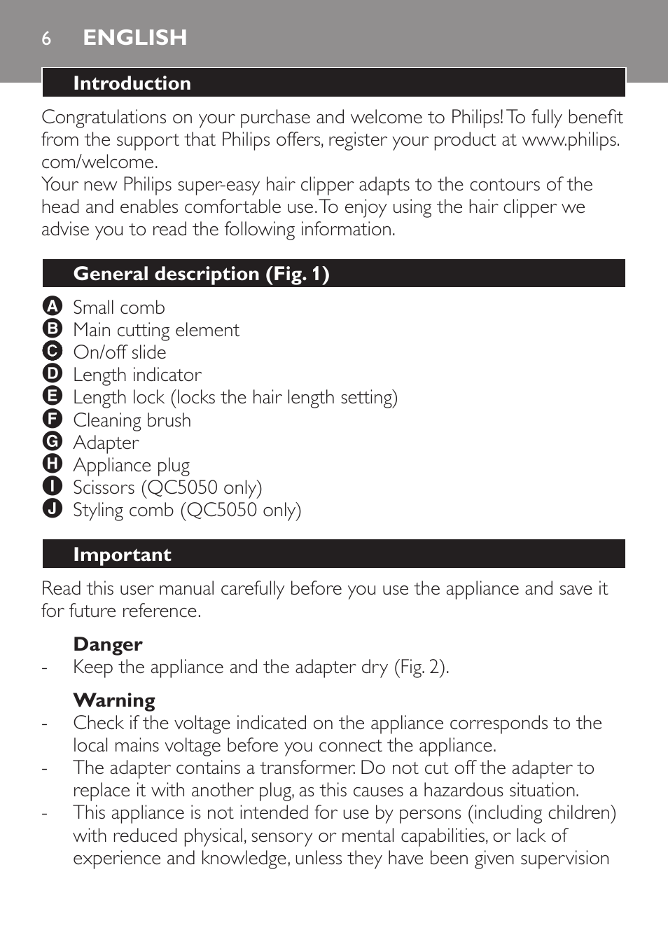 English, Introduction, General description (fig. 1) | Important, Danger, Warning | Philips HAIRCLIPPER Series 1000 Tondeuse cheveux User Manual | Page 6 / 92