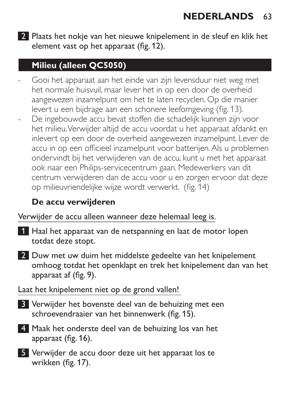 De accu verwijderen, Milieu (alleen qc5050) | Philips HAIRCLIPPER Series 1000 Tondeuse cheveux User Manual | Page 63 / 92