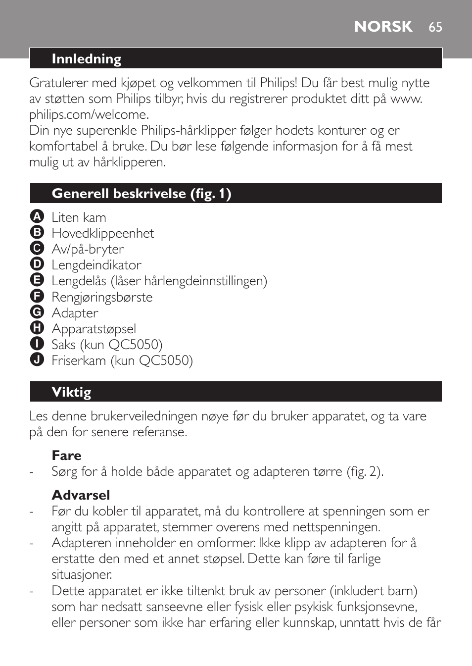 Fare, Advarsel, Norsk | Innledning, Generell beskrivelse (fig. 1), Viktig | Philips HAIRCLIPPER Series 1000 Tondeuse cheveux User Manual | Page 65 / 92