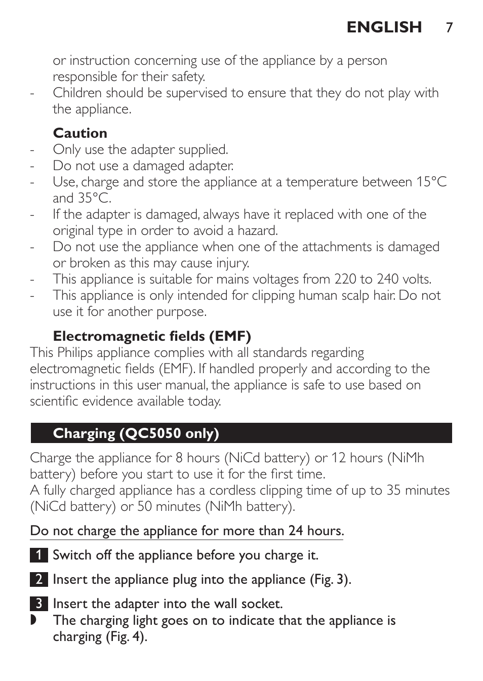 Caution, Electromagnetic fields (emf), Charging (qc5050 only) | Philips HAIRCLIPPER Series 1000 Tondeuse cheveux User Manual | Page 7 / 92