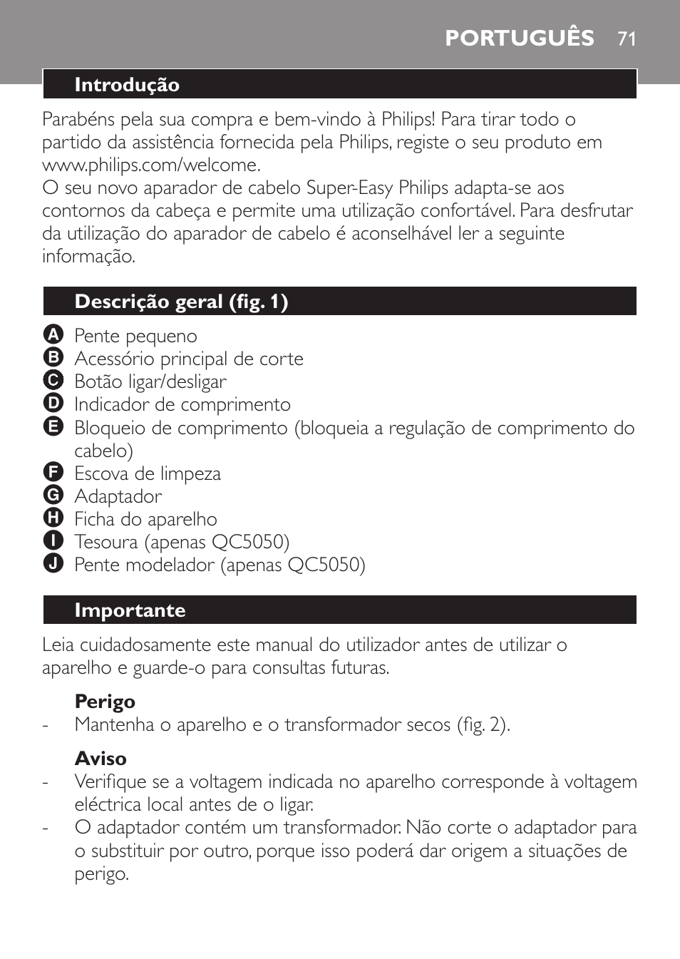 Perigo, Aviso, Português | Introdução, Descrição geral (fig. 1), Importante | Philips HAIRCLIPPER Series 1000 Tondeuse cheveux User Manual | Page 71 / 92