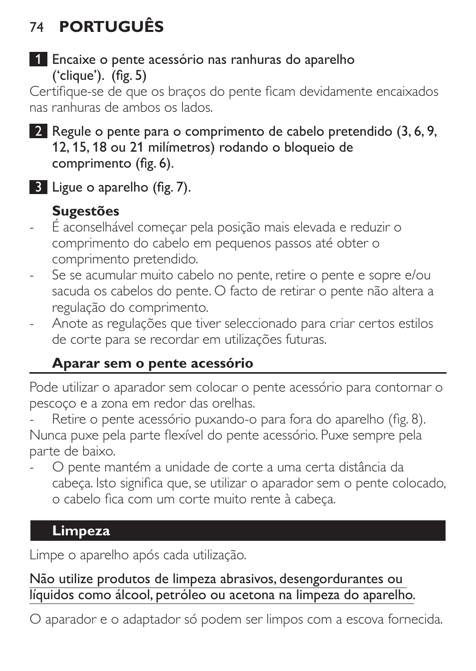 Sugestões, Aparar sem o pente acessório, Limpeza | Philips HAIRCLIPPER Series 1000 Tondeuse cheveux User Manual | Page 74 / 92