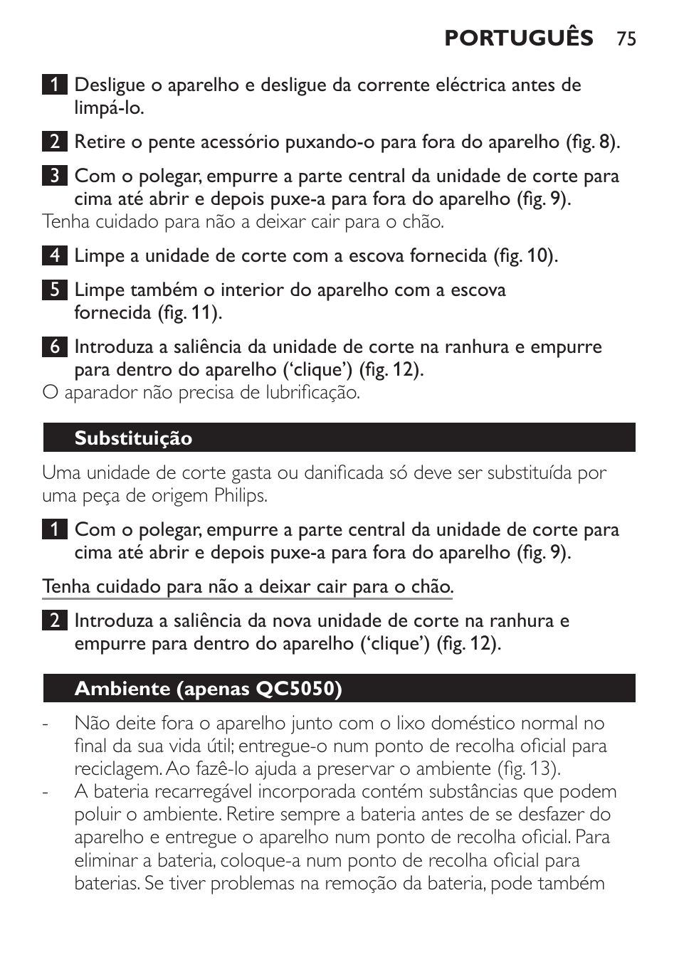 Substituição, Ambiente (apenas qc5050) | Philips HAIRCLIPPER Series 1000 Tondeuse cheveux User Manual | Page 75 / 92