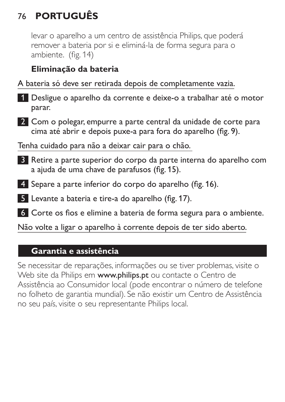 Eliminação da bateria, Garantia e assistência | Philips HAIRCLIPPER Series 1000 Tondeuse cheveux User Manual | Page 76 / 92