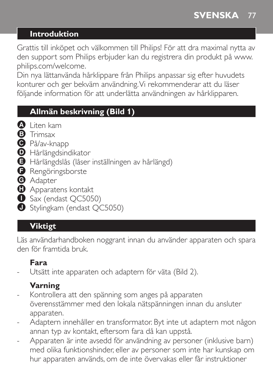 Fara, Varning, Svenska | Introduktion, Allmän beskrivning (bild 1), Viktigt | Philips HAIRCLIPPER Series 1000 Tondeuse cheveux User Manual | Page 77 / 92