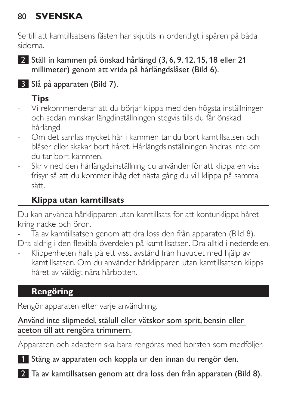 Tips, Klippa utan kamtillsats, Rengöring | Philips HAIRCLIPPER Series 1000 Tondeuse cheveux User Manual | Page 80 / 92