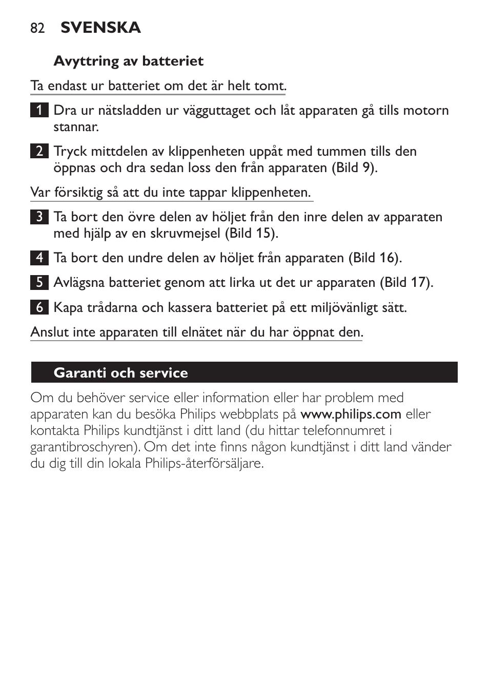 Avyttring av batteriet, Garanti och service | Philips HAIRCLIPPER Series 1000 Tondeuse cheveux User Manual | Page 82 / 92