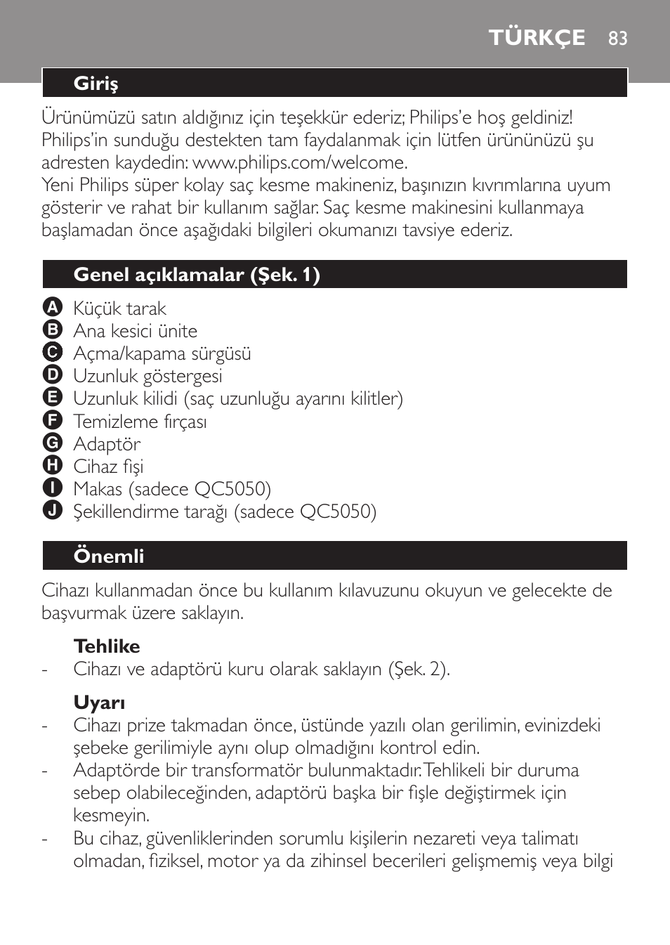 Tehlike, Uyarı, Türkçe | Giriş, Genel açıklamalar (şek. 1), Önemli | Philips HAIRCLIPPER Series 1000 Tondeuse cheveux User Manual | Page 83 / 92