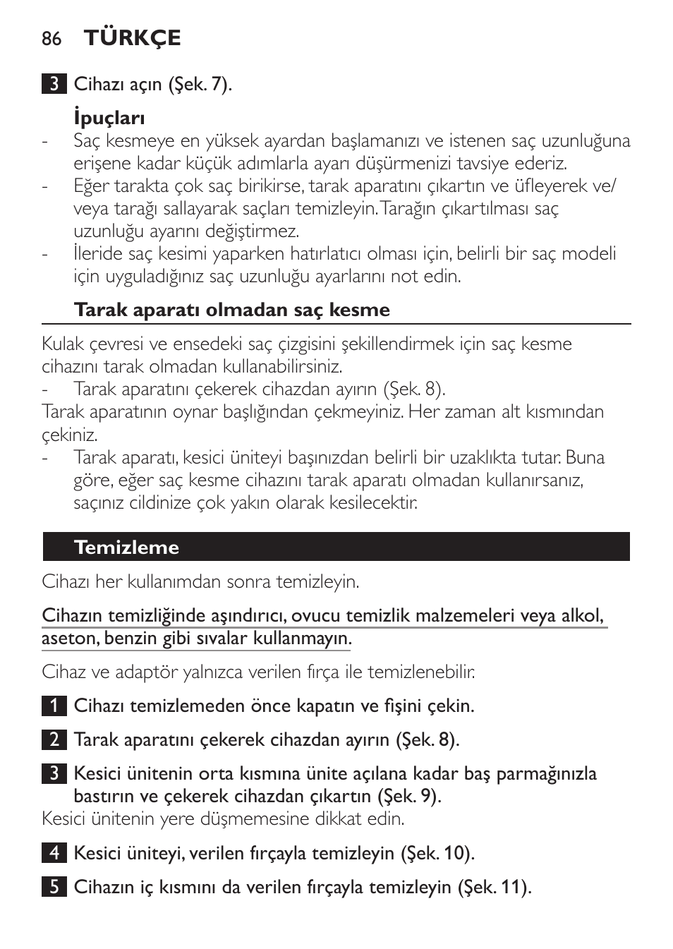 Ipuçları, Tarak aparatı olmadan saç kesme, Temizleme | Philips HAIRCLIPPER Series 1000 Tondeuse cheveux User Manual | Page 86 / 92