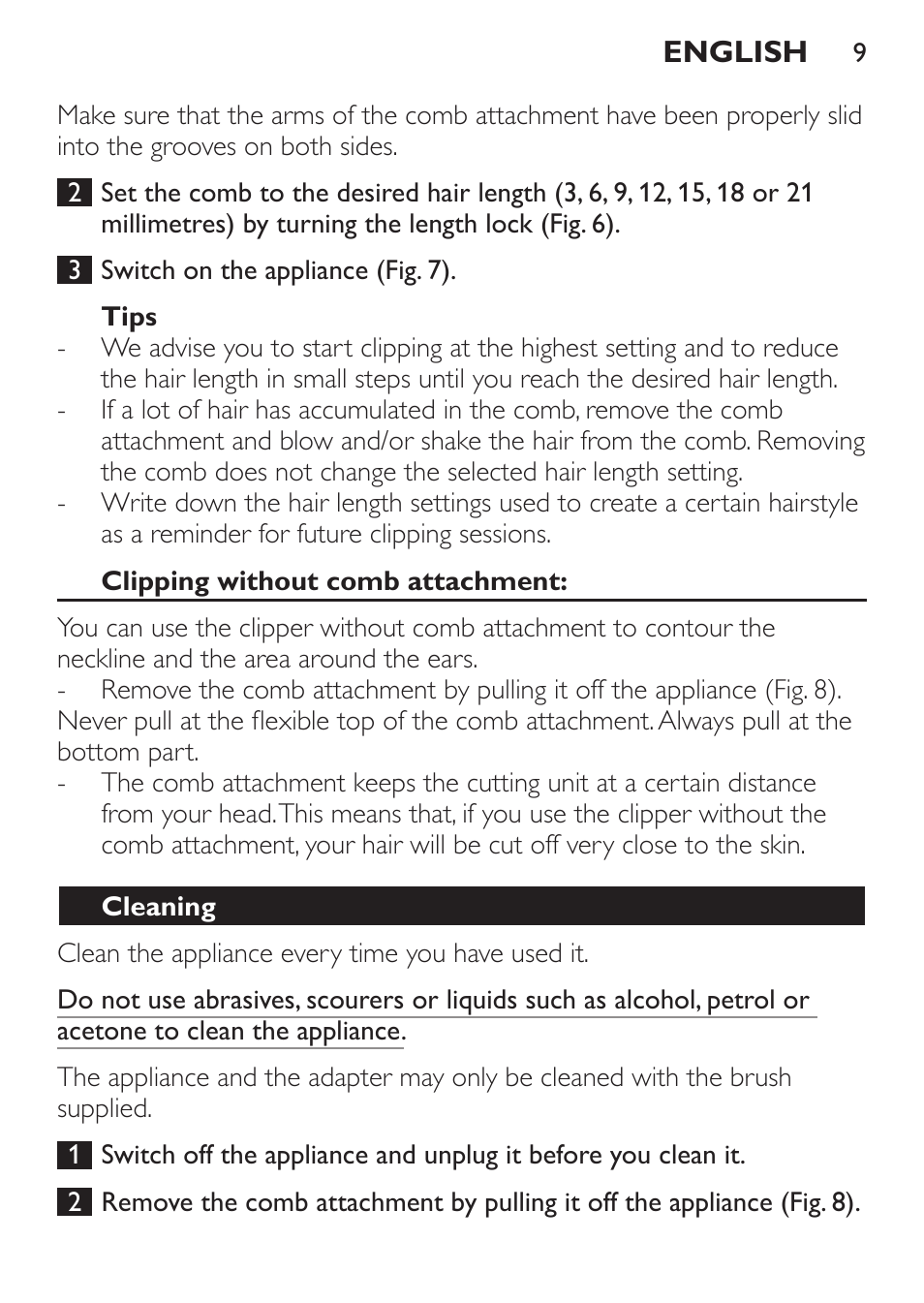 Tips, Clipping without comb attachment, Cleaning | Philips HAIRCLIPPER Series 1000 Tondeuse cheveux User Manual | Page 9 / 92