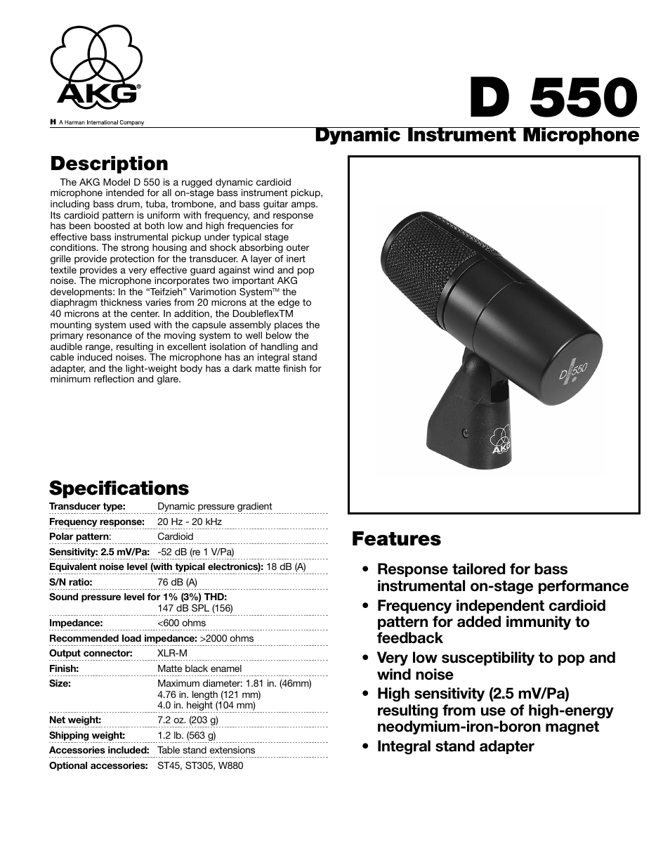 AKG Acoustics D550 User Manual | 2 pages