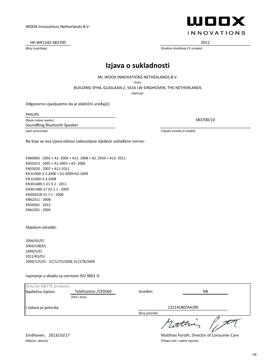 Izjava o sukladnosti | Philips Enceinte sans fil SoundRing User Manual | Page 16 / 21