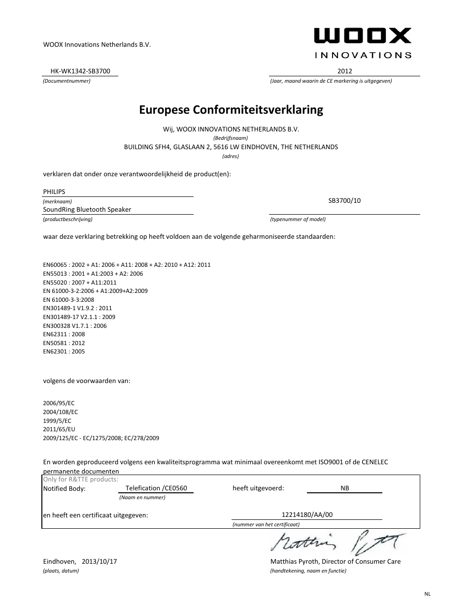 Europese conformiteitsverklaring | Philips Enceinte sans fil SoundRing User Manual | Page 4 / 21