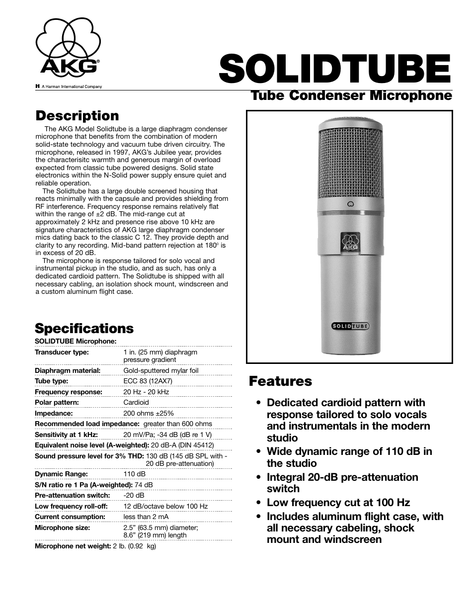 AKG Acoustics SOLID TUBE Tube Condenser Microphone User Manual | 2 pages