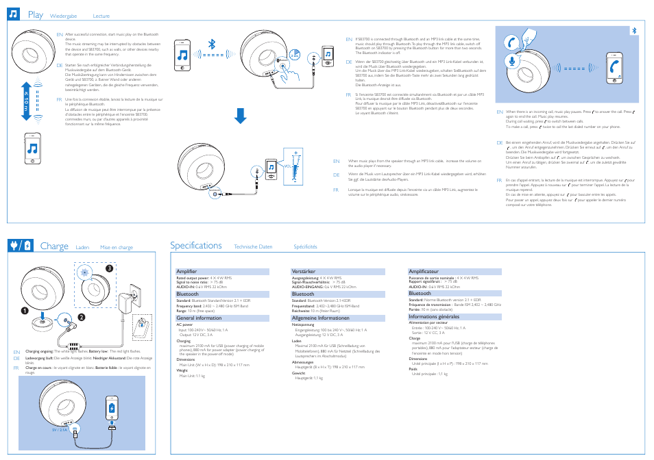 Charge, Play, Specifications | Philips Enceinte sans fil SoundRing User Manual | Page 2 / 2