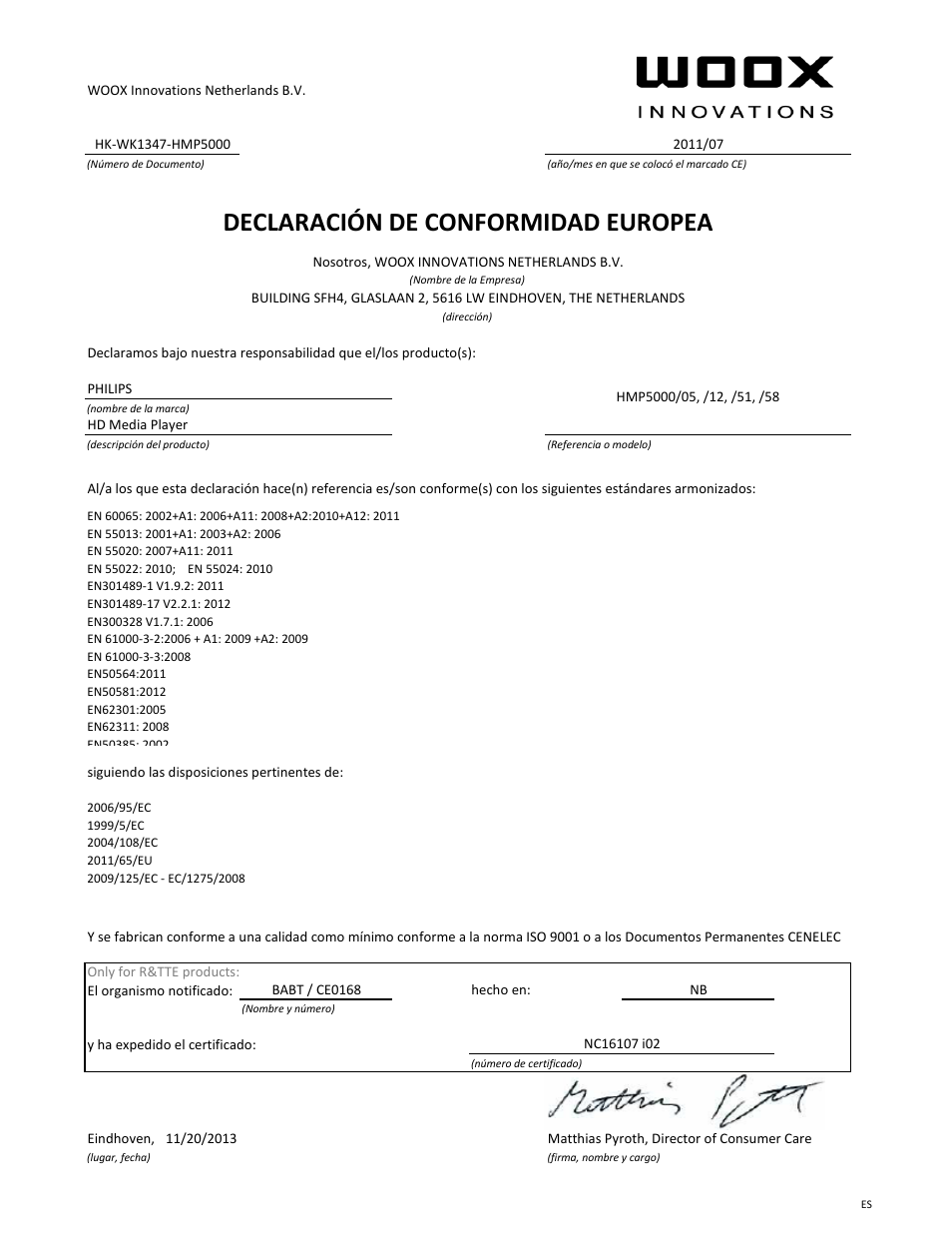 Declaración de conformidad europea | Philips Lecteur multimédia HD User Manual | Page 7 / 21