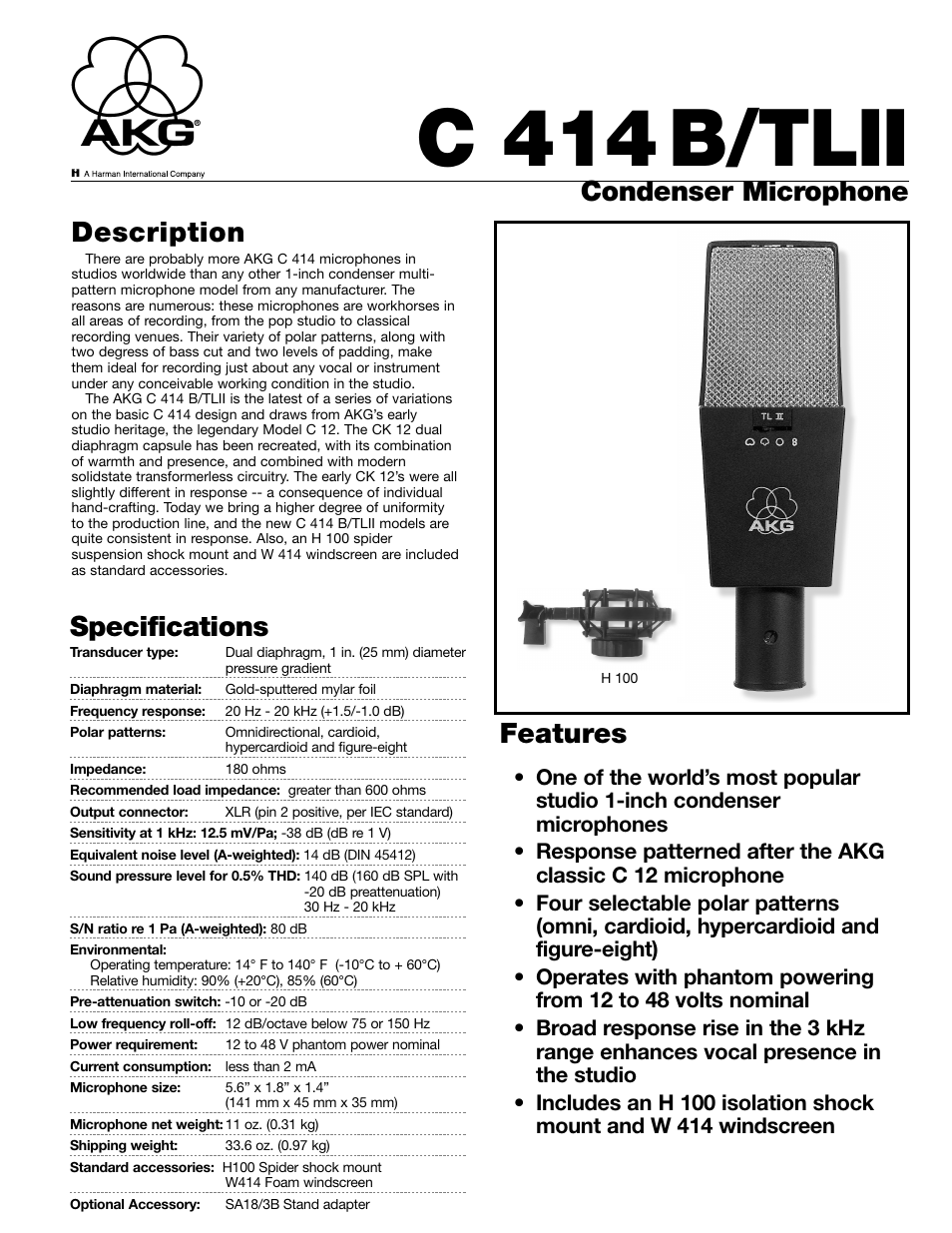 AKG Acoustics C 414B/TLII User Manual | 2 pages