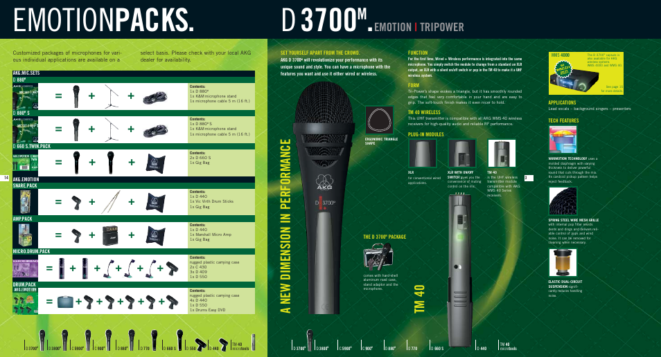 Emotion packs. d 3700, Tm 40, A new dimension in performance | Emotion | tripower | AKG Acoustics D3800M User Manual | Page 14 / 16