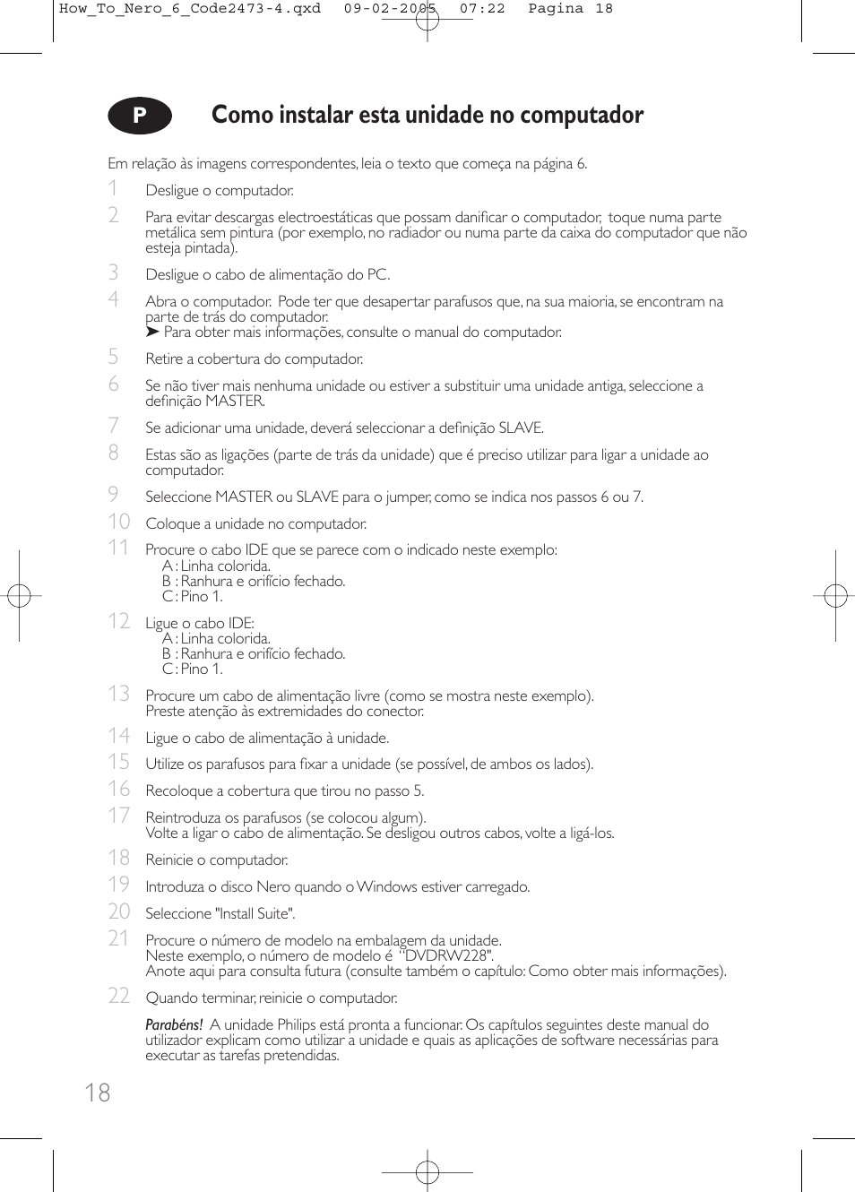 18 como instalar esta unidade no computador | Philips Lecteur interne User Manual | Page 18 / 68