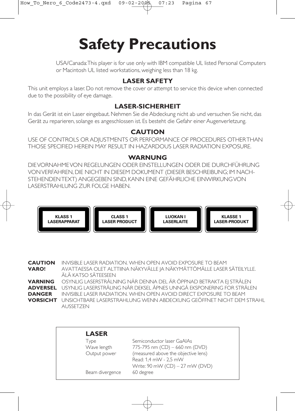 Safety precautions | Philips Lecteur interne User Manual | Page 67 / 68