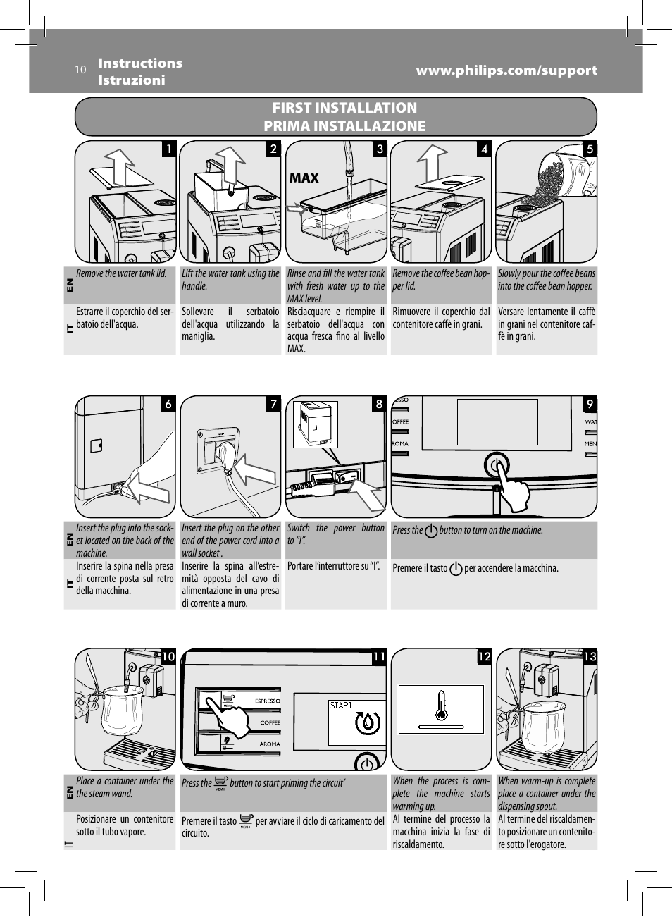 First installation prima installazione | Philips Saeco Minuto Machine espresso Super Automatique User Manual | Page 10 / 56