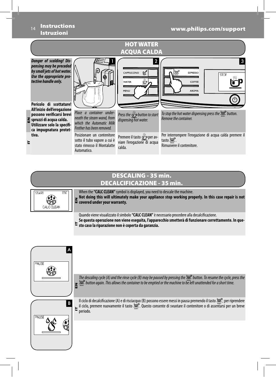 Hot water acqua calda, Descaling - 35 min. decalcificazione - 35 min | Philips Saeco Minuto Machine espresso Super Automatique User Manual | Page 14 / 56