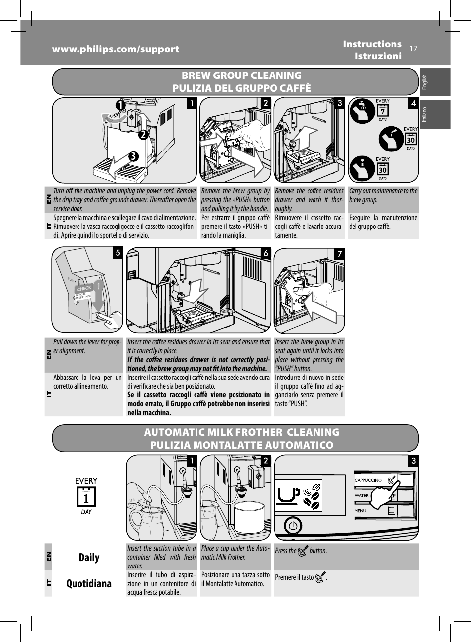 Daily, Quotidiana, Brew group cleaning pulizia del gruppo caffè | Philips Saeco Minuto Machine espresso Super Automatique User Manual | Page 17 / 56
