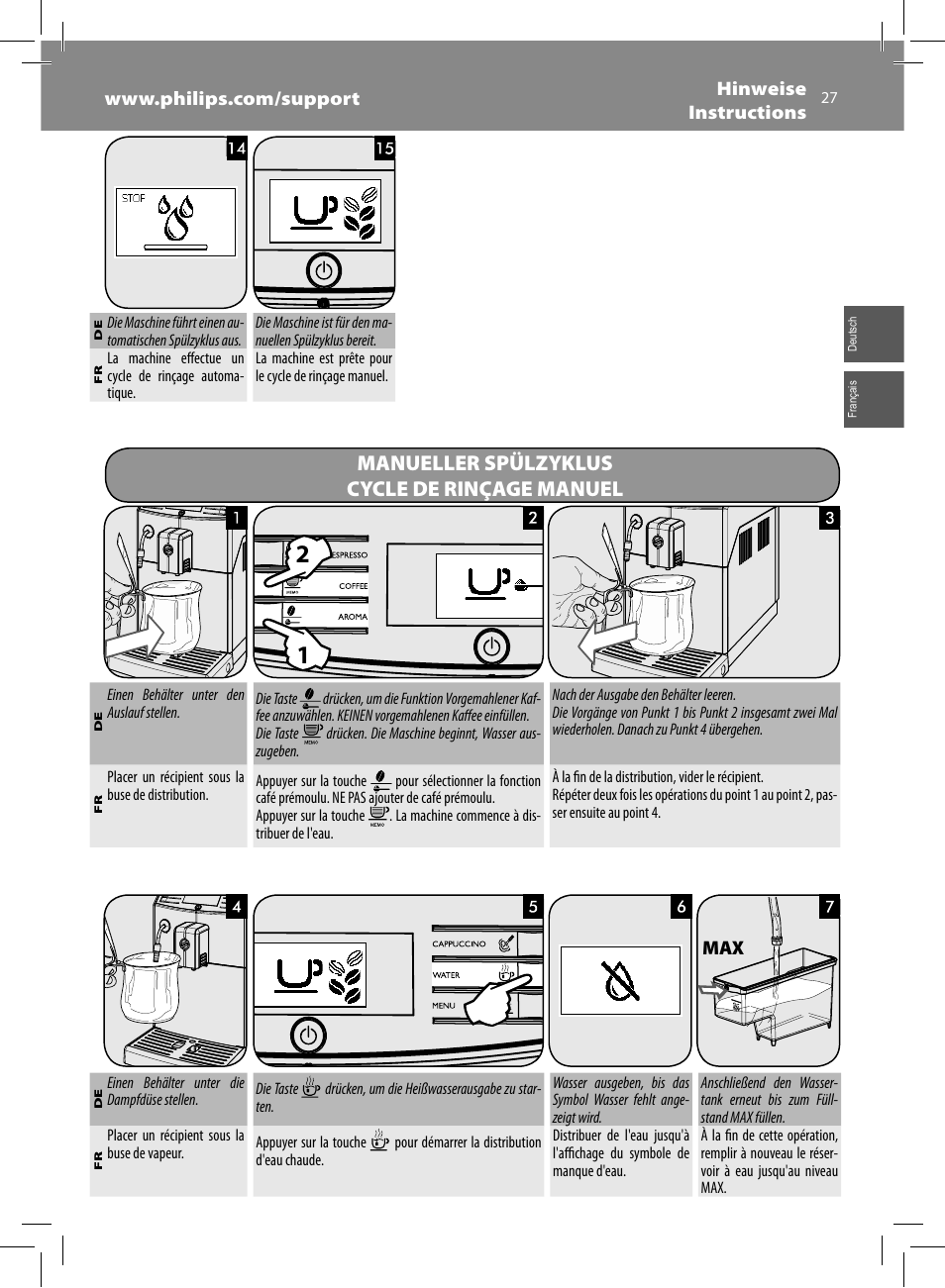 Manueller spülzyklus cycle de rinçage manuel | Philips Saeco Minuto Machine espresso Super Automatique User Manual | Page 27 / 56
