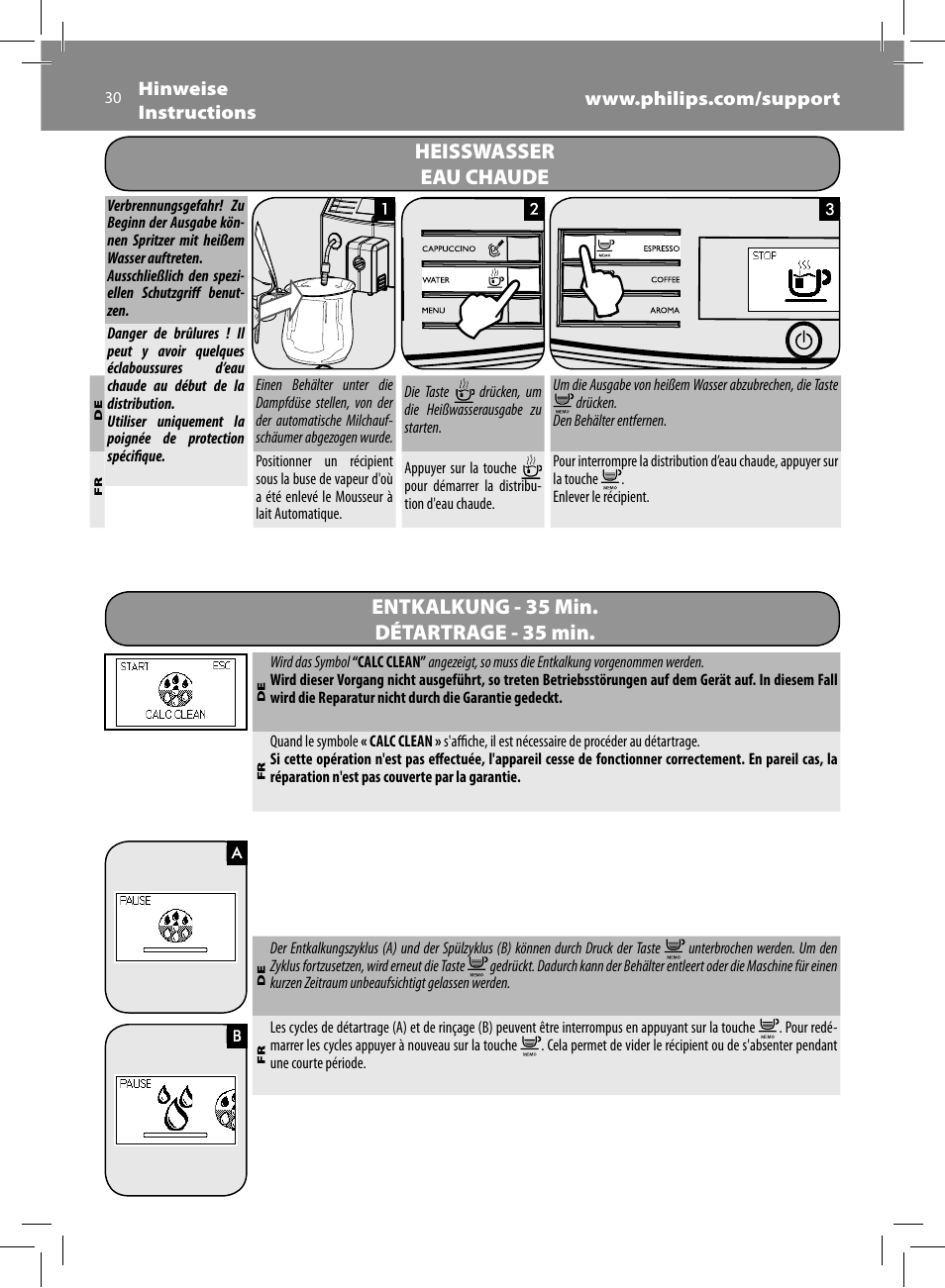 Heisswasser eau chaude, Entkalkung - 35 min. détartrage - 35 min | Philips Saeco Minuto Machine espresso Super Automatique User Manual | Page 30 / 56