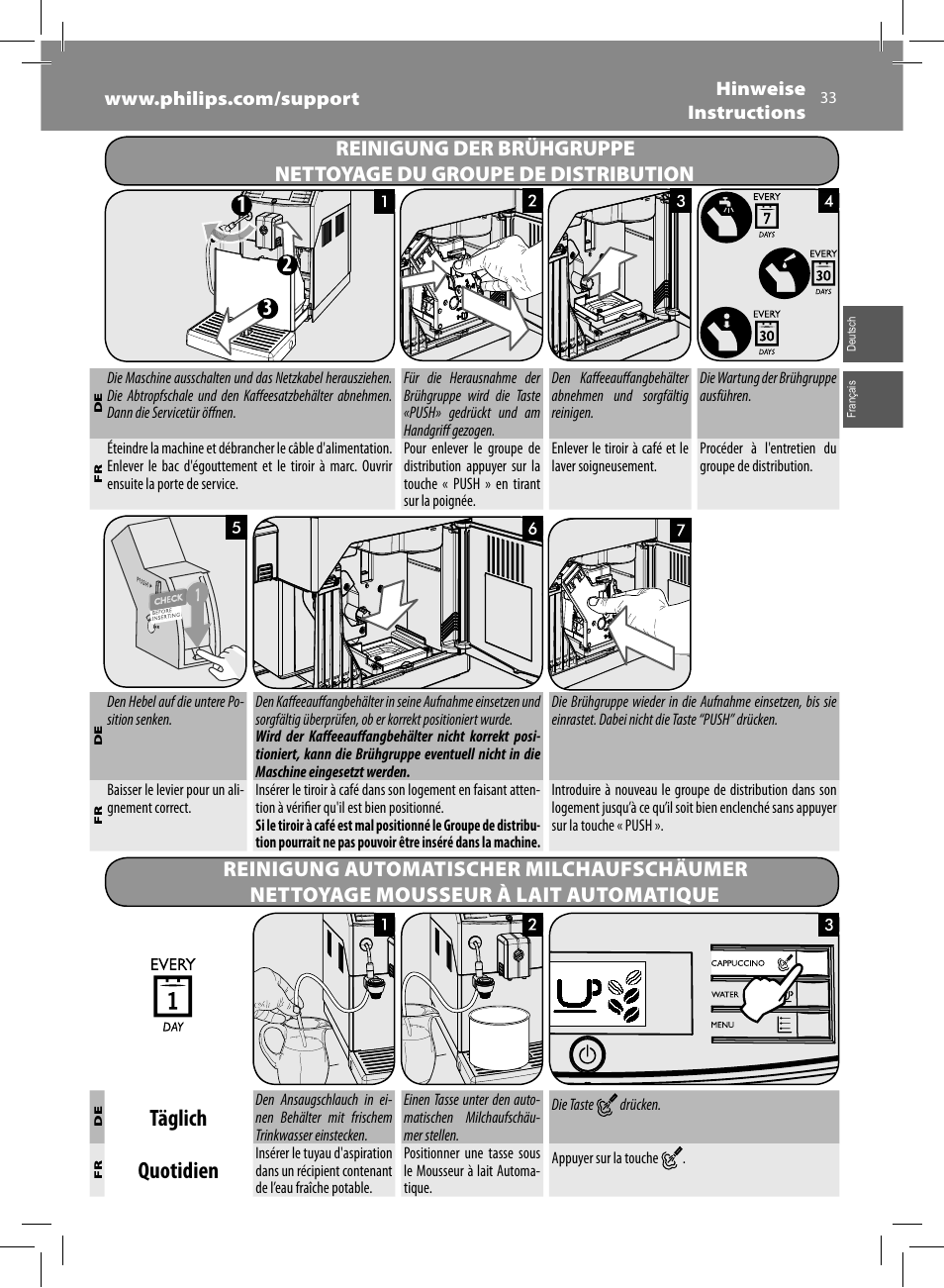 Täglich, Quotidien | Philips Saeco Minuto Machine espresso Super Automatique User Manual | Page 33 / 56