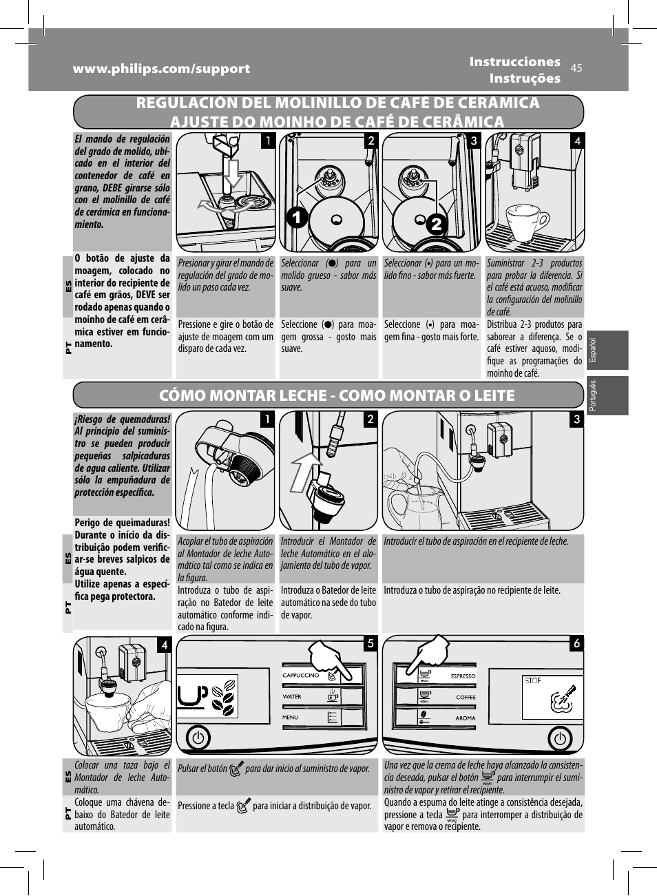 Cómo montar leche - como montar o leite | Philips Saeco Minuto Machine espresso Super Automatique User Manual | Page 45 / 56