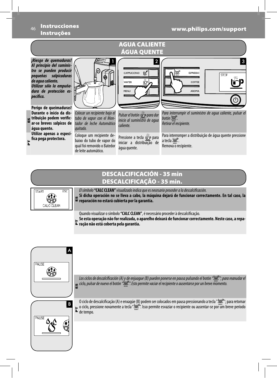 Agua caliente água quente, Descalcificación - 35 min descalcificação - 35 min | Philips Saeco Minuto Machine espresso Super Automatique User Manual | Page 46 / 56