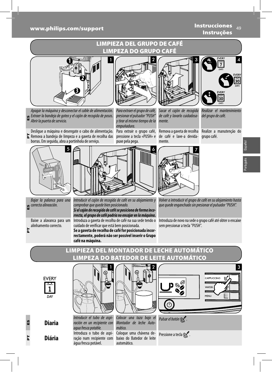 Diaria, Diária, Limpieza del grupo de café limpeza do grupo café | Philips Saeco Minuto Machine espresso Super Automatique User Manual | Page 49 / 56