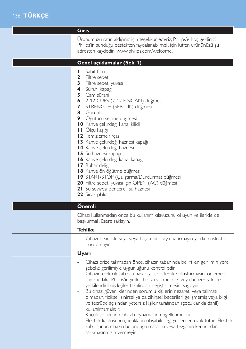 Türkçe, Türkçe 13 | Philips Grind & Brew Cafetière User Manual | Page 136 / 150