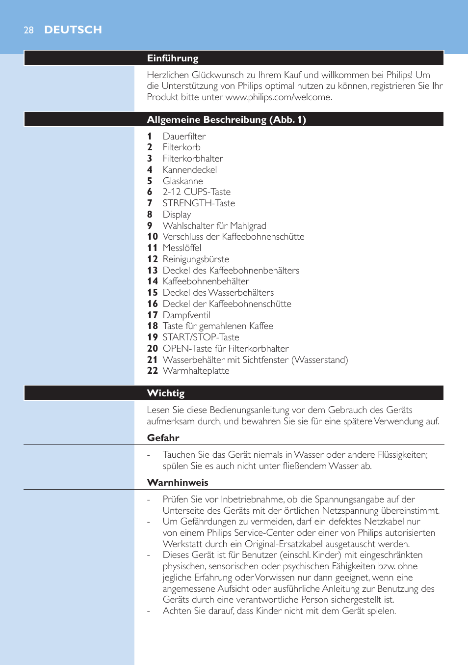 Deutsch, Deutsch 2 | Philips Grind & Brew Cafetière User Manual | Page 28 / 150