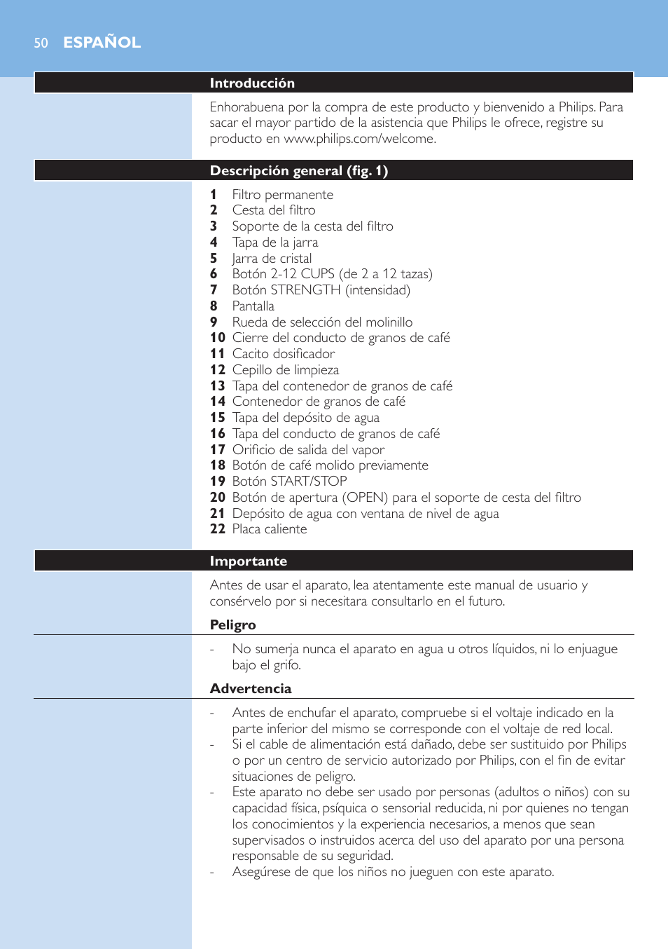 Español | Philips Grind & Brew Cafetière User Manual | Page 50 / 150