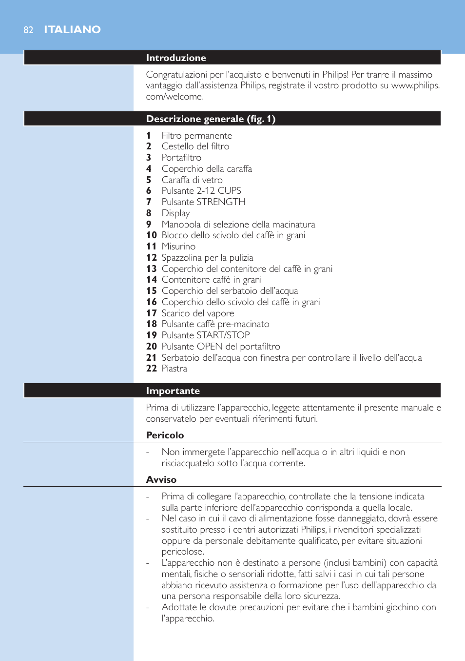 Italiano | Philips Grind & Brew Cafetière User Manual | Page 82 / 150