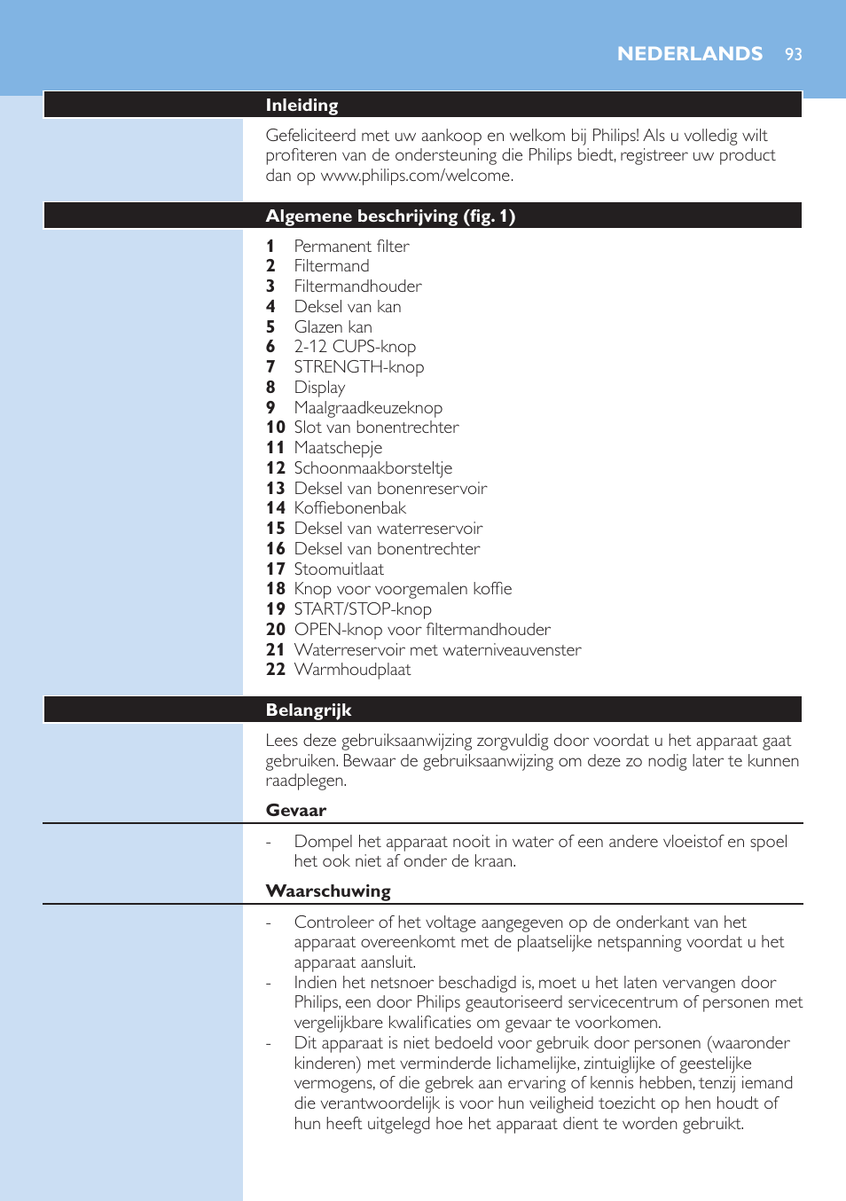 Nederlands, Nederlands 9 | Philips Grind & Brew Cafetière User Manual | Page 93 / 150